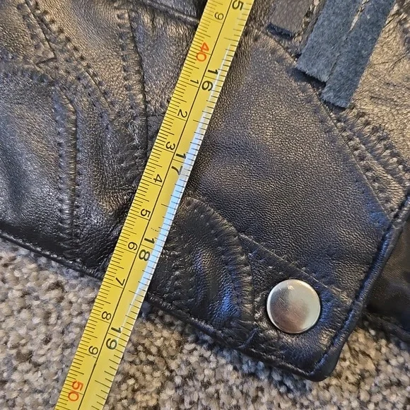 Italian Stone Desigh Women Genuine Black Leather Fringe Vest Moto Biker Sz L - Picture 3 of 7